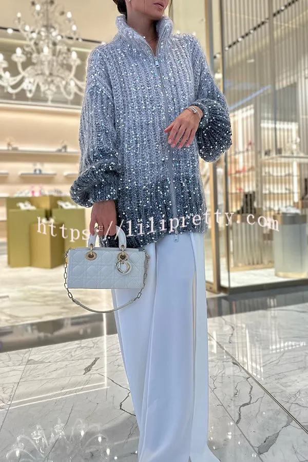 Lilipretty Warm Shining Heart Knit Sequin Balloon Sleeve Zipper Neck Loose Cardigan