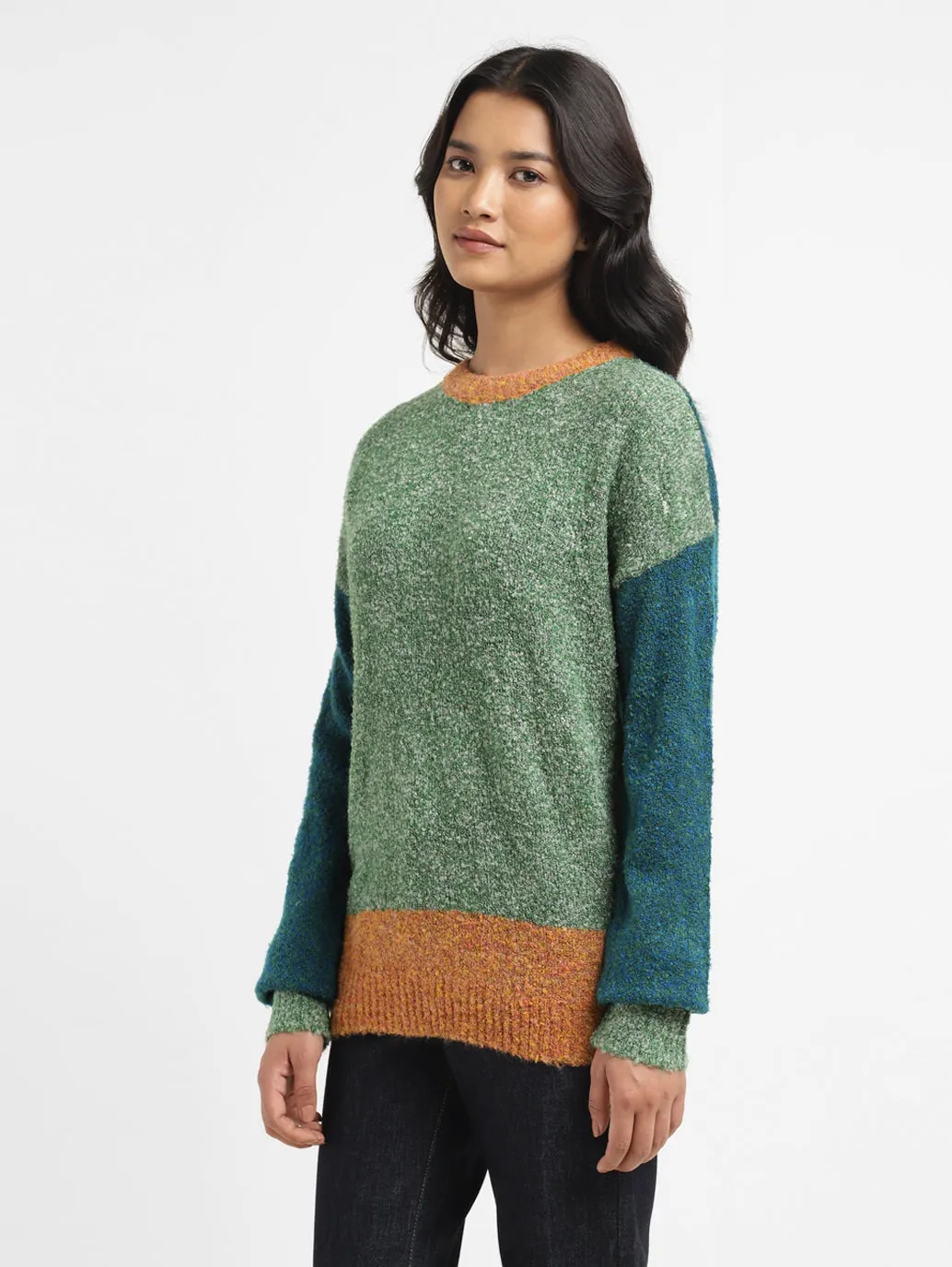 Women's Colorblock Green Crew Neck Sweater